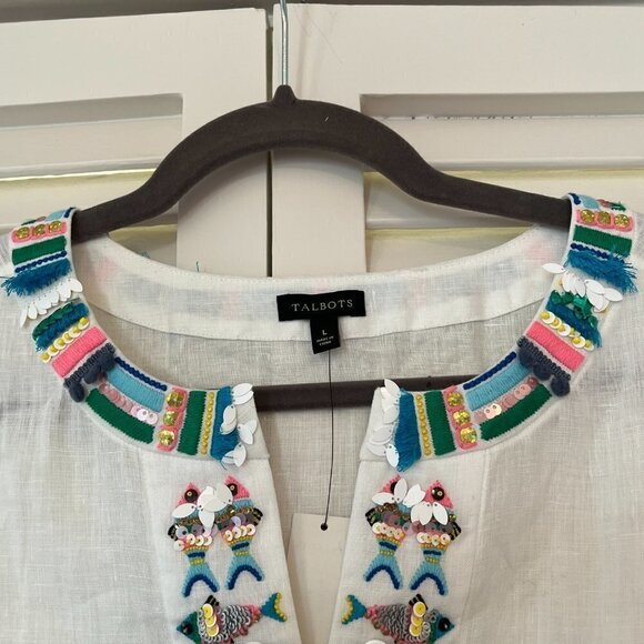 NWT Talbots tunic white embroidered embellished women large linen - Picture 7 of 12